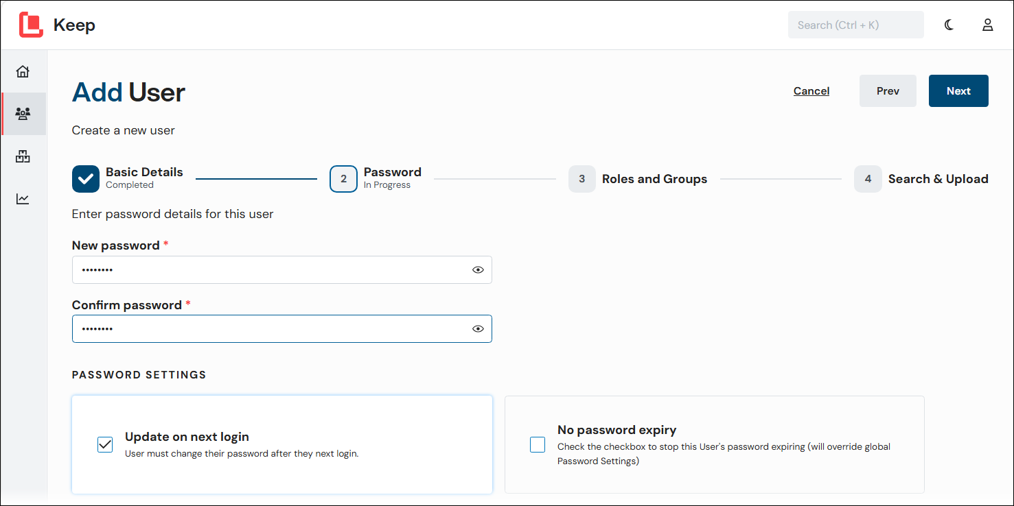 The Password page of the Add User process in Keep.